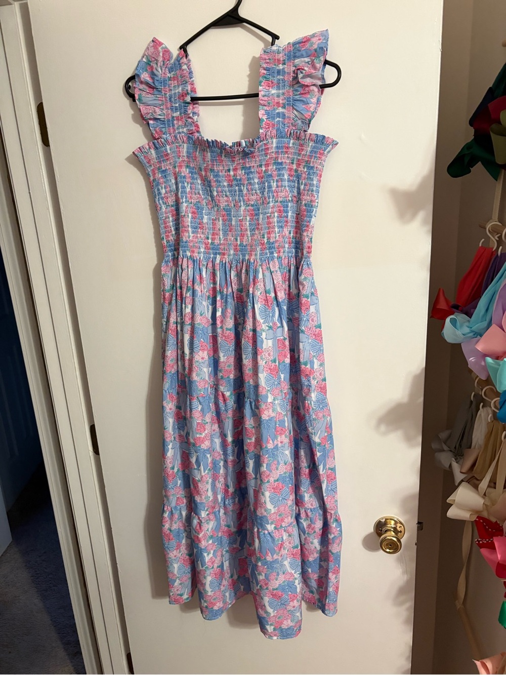 Smocked Floral Midi Sundress in Pink and Blue